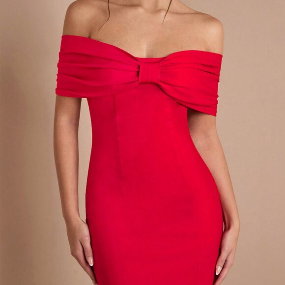 Red Party Women's Elegant Open Shoulder Bowknot Cocktail Mini Dress - Picture 7 of 7
